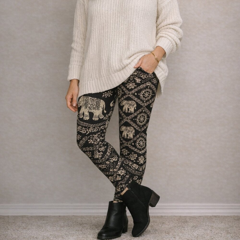Just Cozy Fleece Lined Leggings Black Elephant Print Soft Stretch M/L